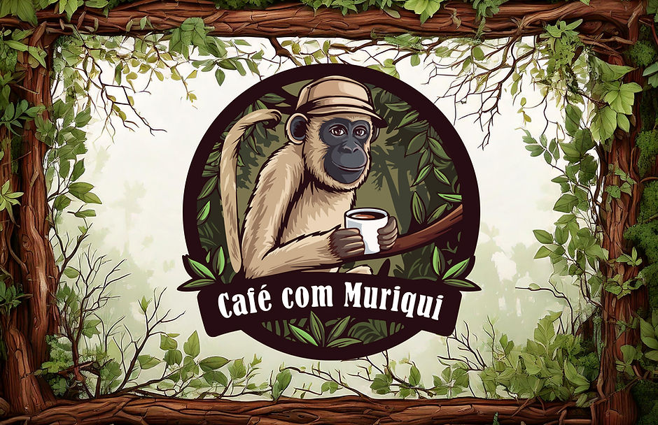 Identidade visual da marca Café com Muriqui, mostrando um macaco muriqui segurando uma xícara de café, cercado por folhas e galhos, com o nome da marca escrito abaixo