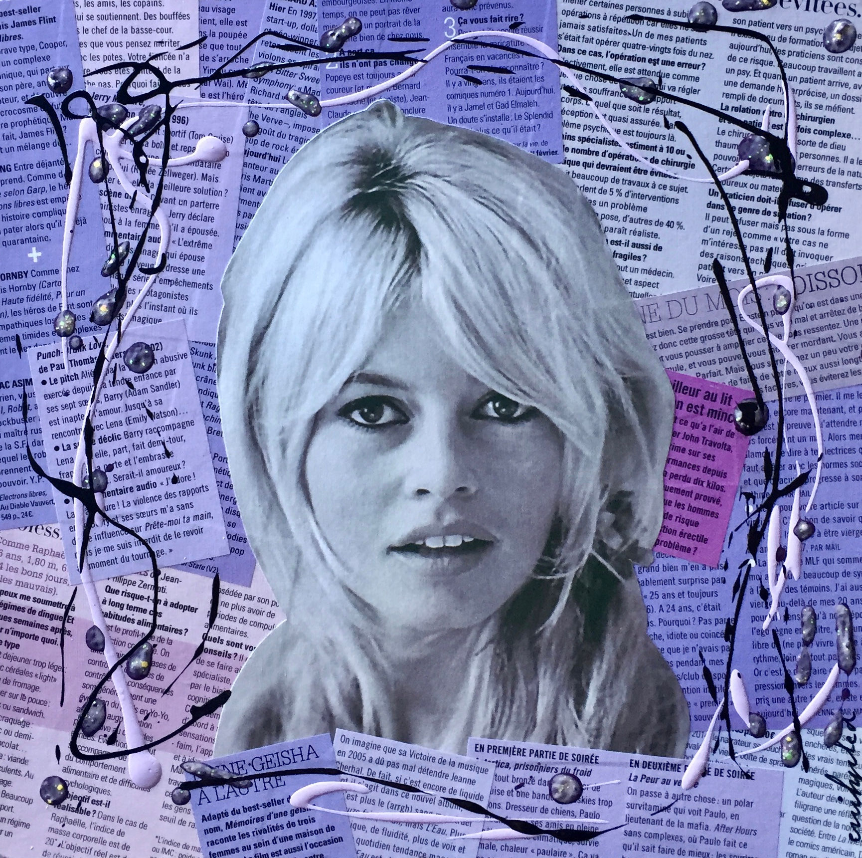 Tableau collages papier brigitte bardot purple art