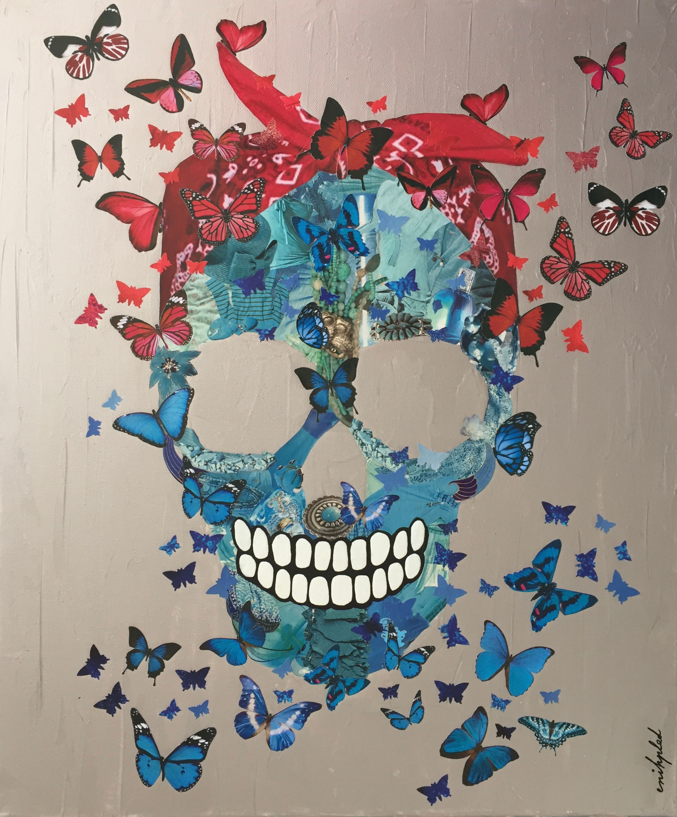 Tableau art skull pirate collages papillons