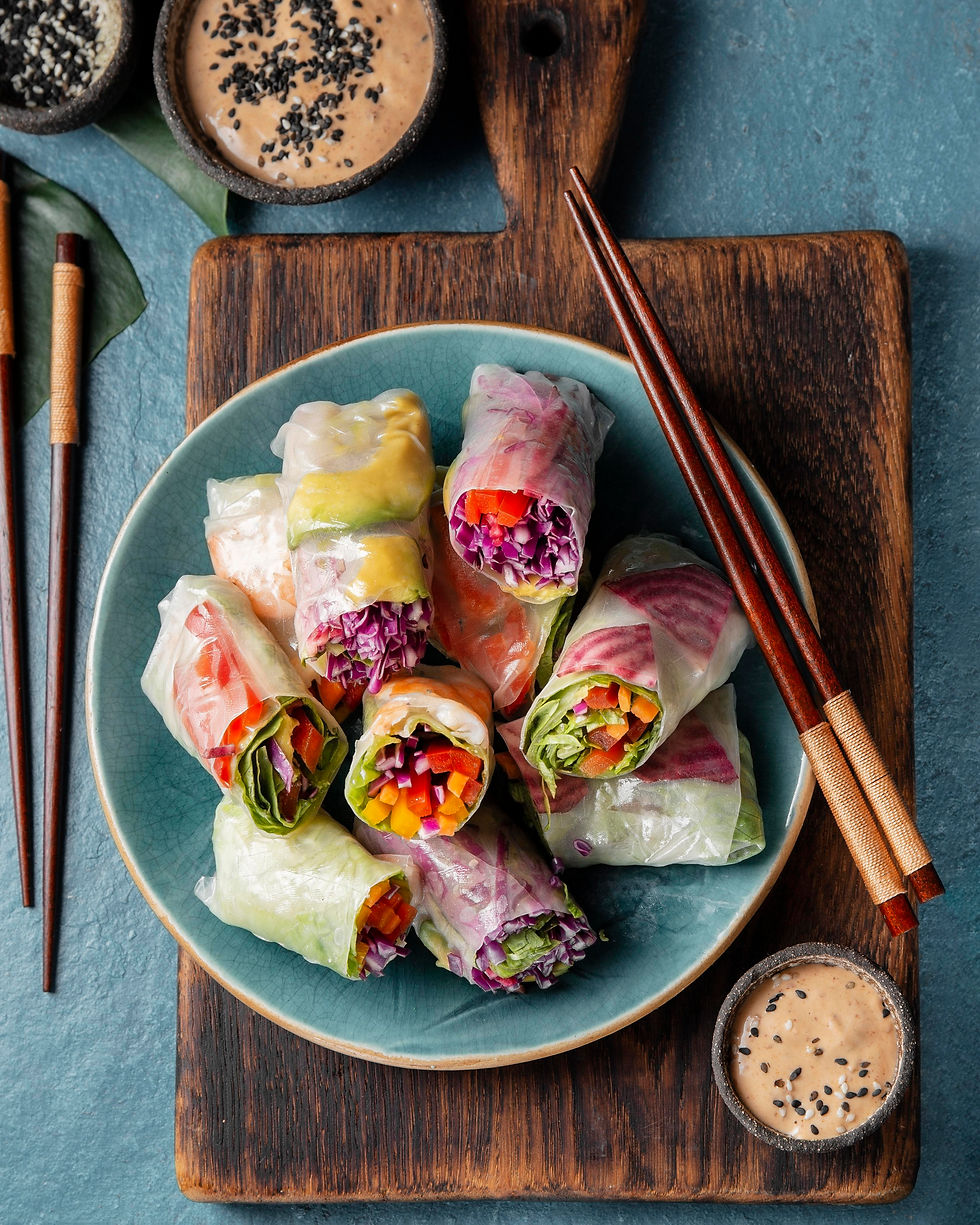Rouleaux de printemps et sticky rice à la mangue