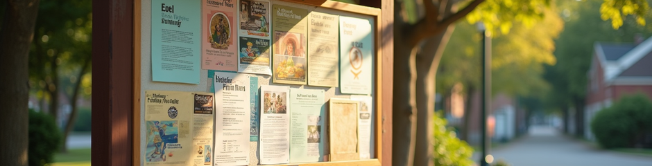 Outdoor community bulletin board with various flyers.