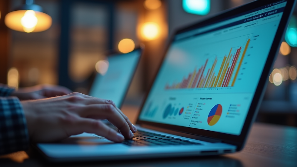Eye-level view of a marketer analyzing campaign data on a laptop