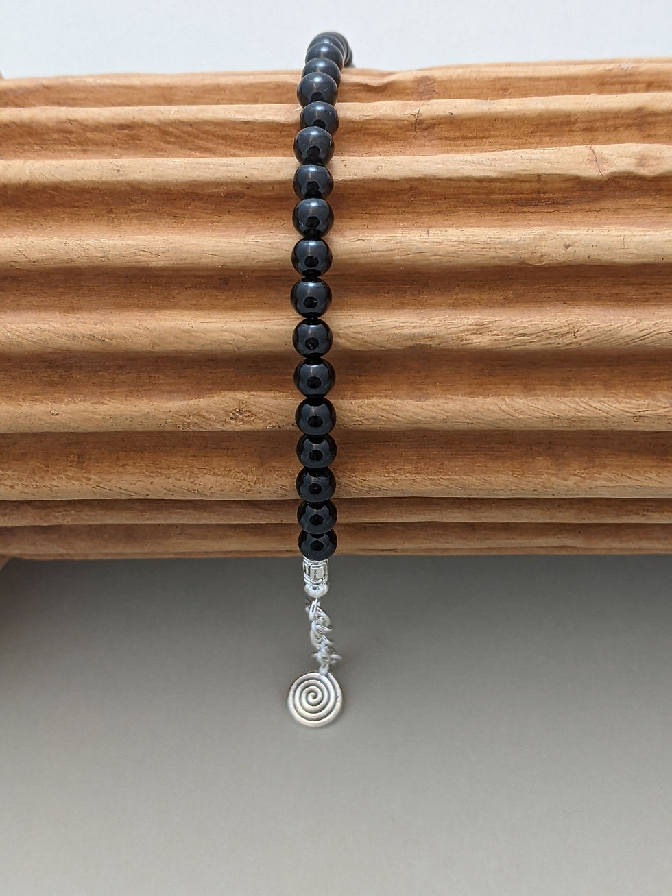 Thumbnail: Black Tourmaline Bracelet Stackable 4mm Healing Beads Secure Clasp Spiral Charm