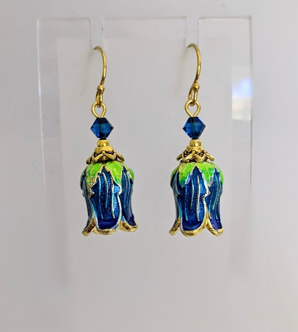 Thumbnail: Blue Green Enamel Bell Flower Earrings Gold Tone AUS Made