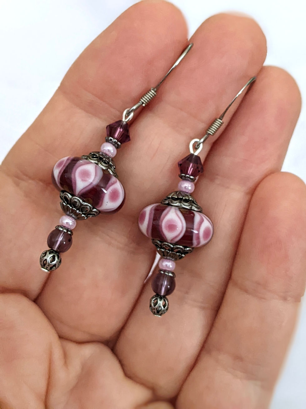 Thumbnail: Amethyst Pink Earrings Lampwork Glass Austrian Crystal Stainless Australian Made
