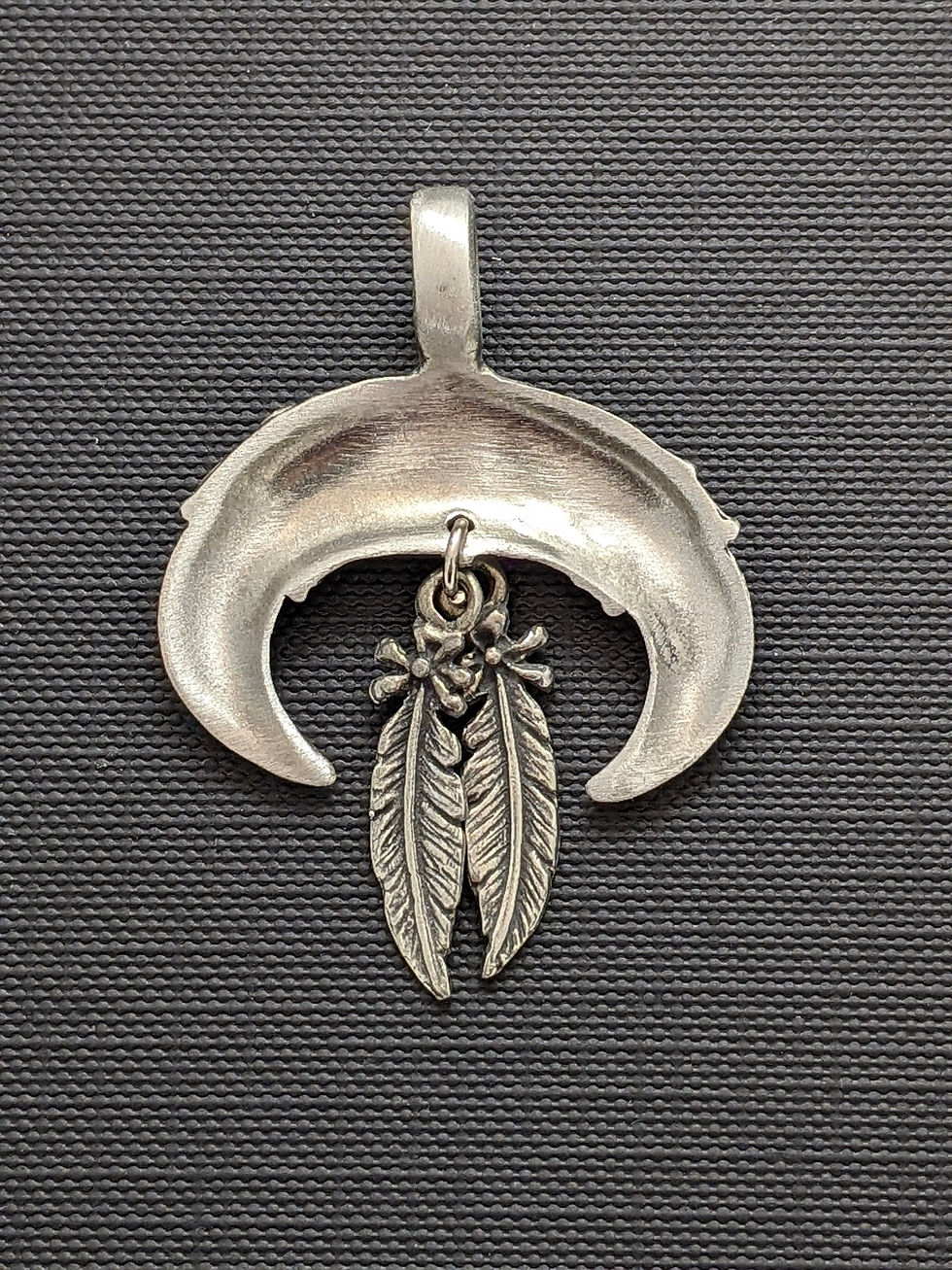 Thumbnail: Bear Claws Pewter Pendant Two Feathers Turquoise Resin