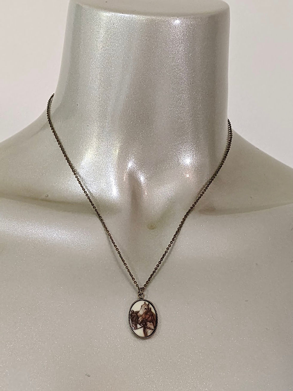 Thumbnail: Horse Head Small Pendant Vintage German Acrylic Cabochon Bronze Tone Brass Chain