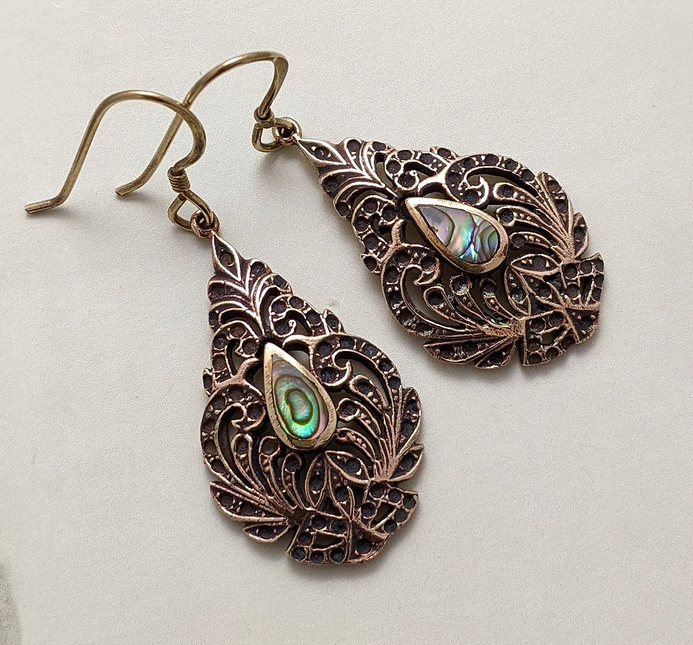 Thumbnail: Rare Vintage Solid Bronze Earrings Paua Shell Ornate Teardrop 1990's