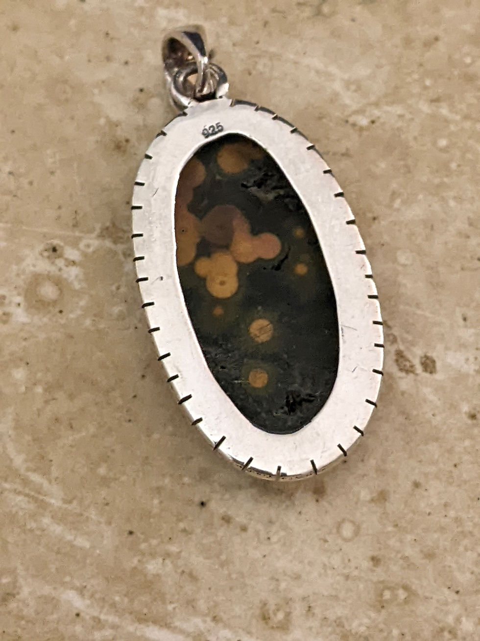 Thumbnail: Ocean Jasper Pendant 925 Sterling Silver Olive Green Mustard Yellow Oval 7.6g