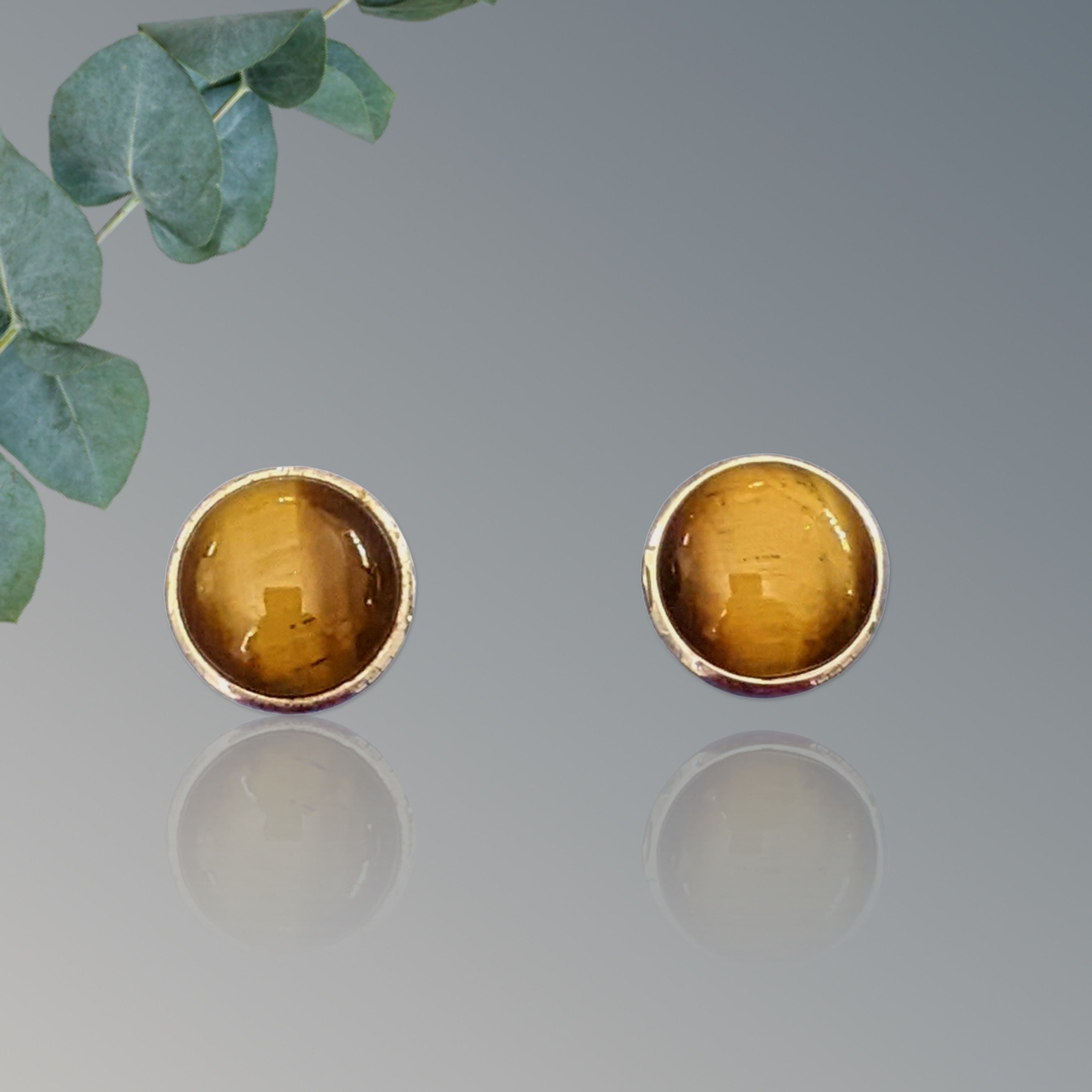 Tiger Eye Round Dome Post Earrings 925 Sterling Silver Designer Studs