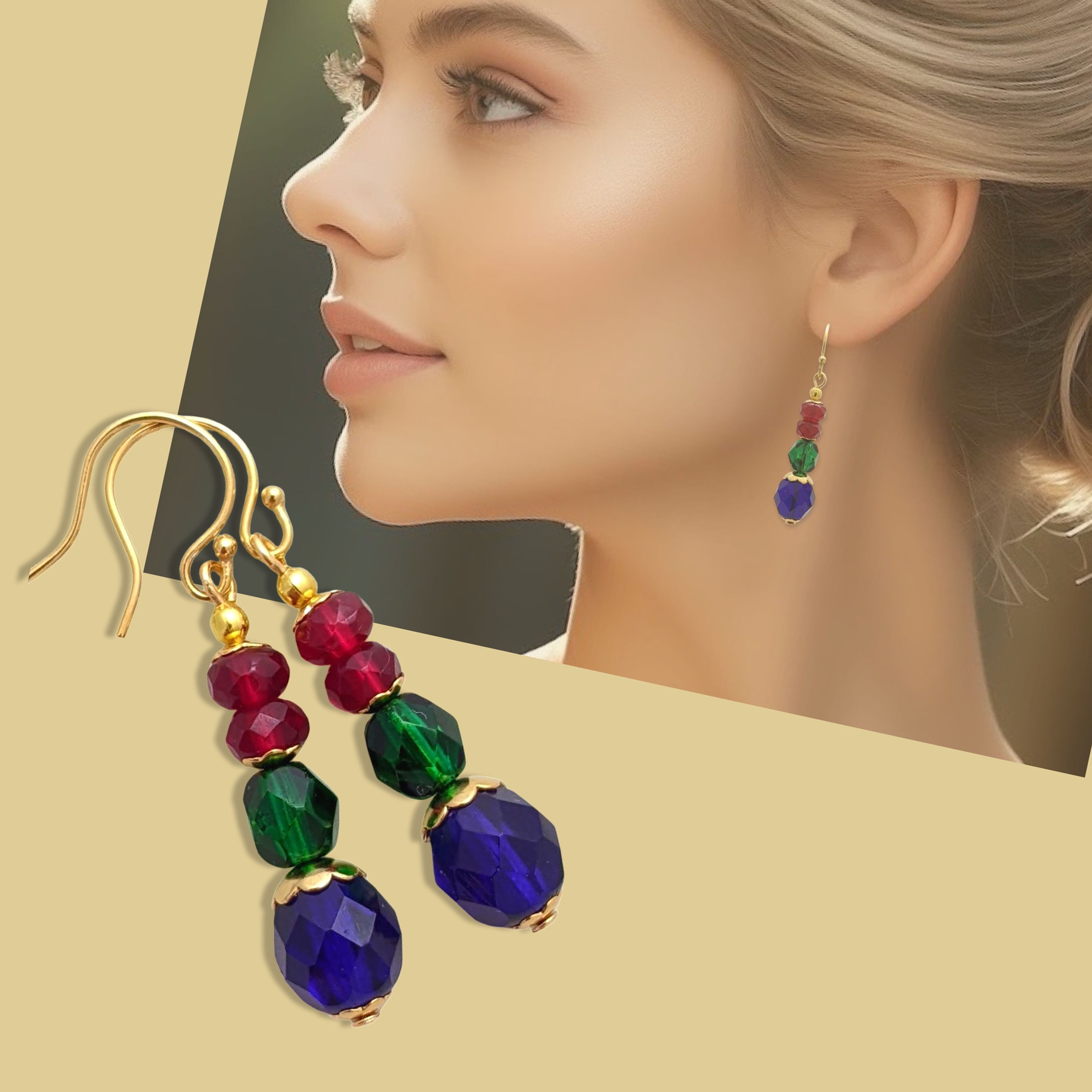 Blue Green Red Earrings Facet Glass Beads in Cobalt Emerald and Ruby, Gold Tone