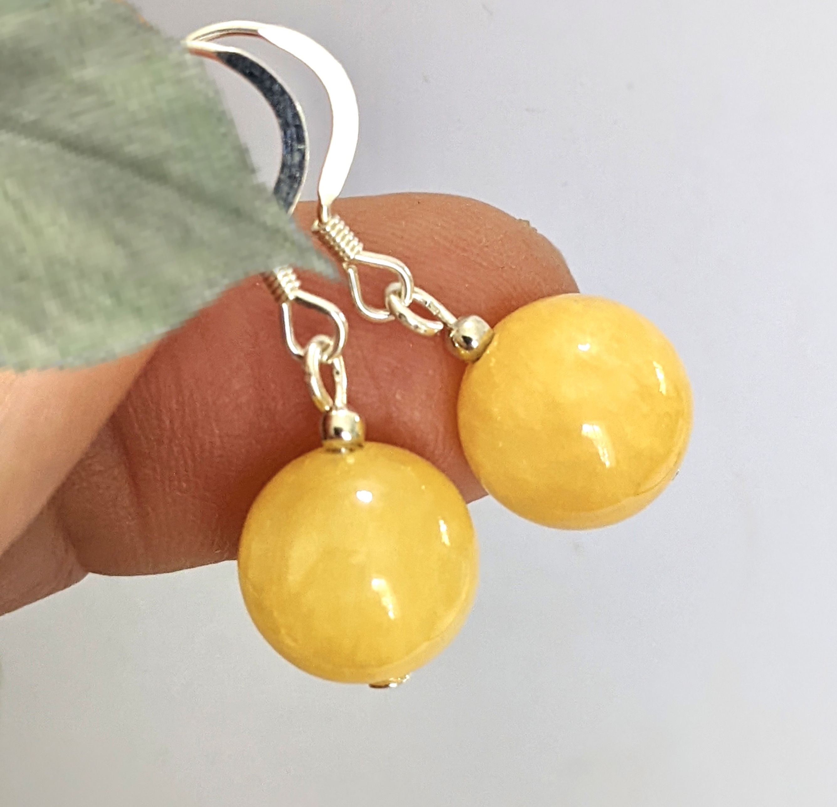 Yellow Jade Earrings 10mm Bead 925 Sterling Silver Hooks Made in Australia