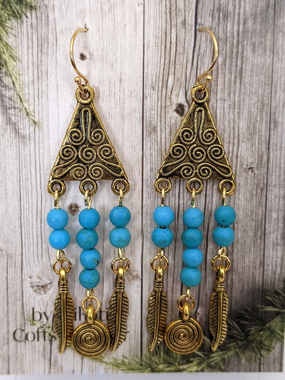 Thumbnail: Turquoise Multi Drop Earrings Feather Charms Gold Plated Pewter Made Australia