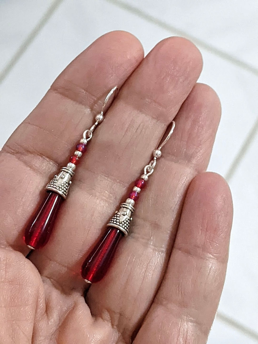 Thumbnail: Ruby Red Earrings Glass Bead Dragons Tear Silver Tone Original Hand
