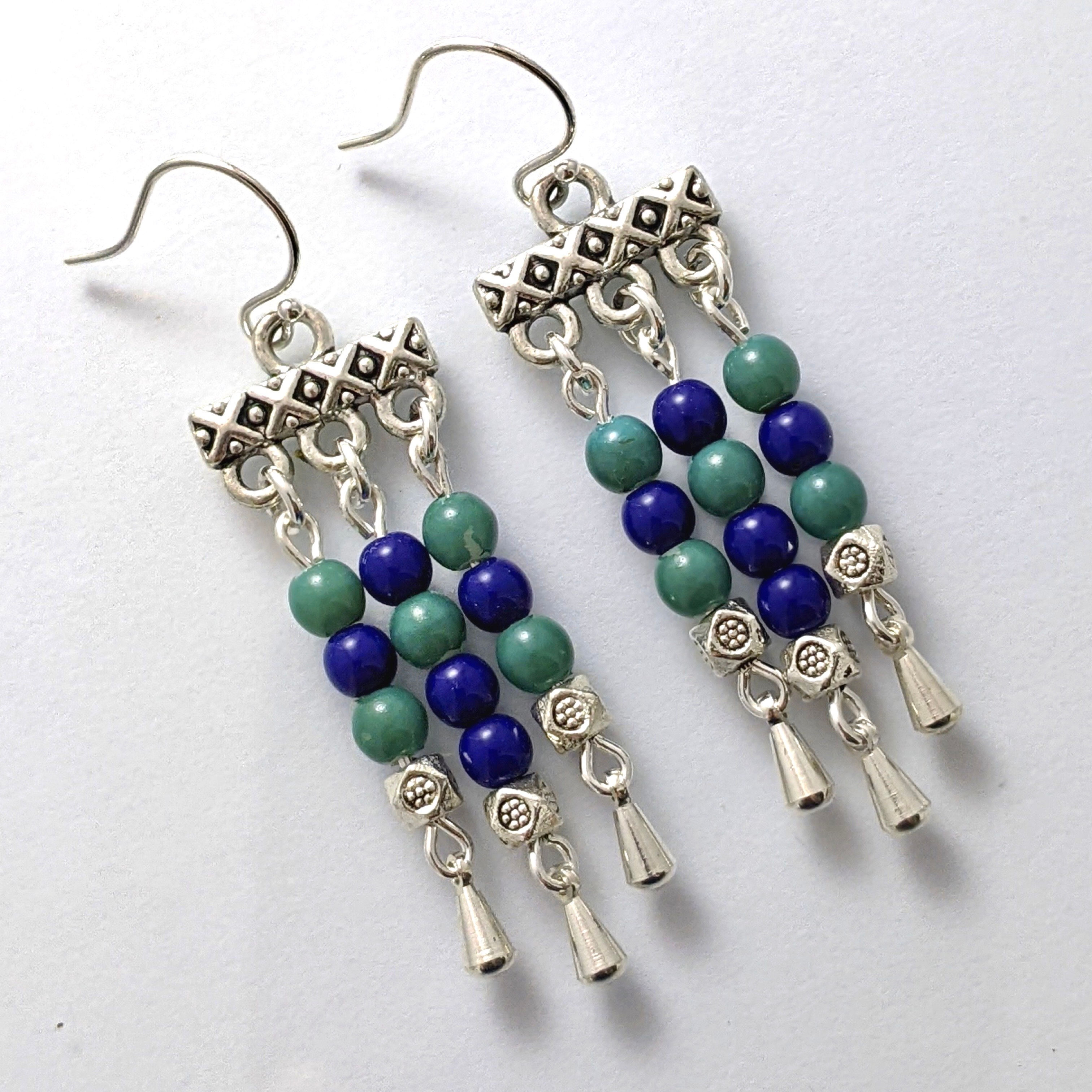 Blue Green Multi Drop Earrings Glass Beads Silver Plated Pewter Australian Made