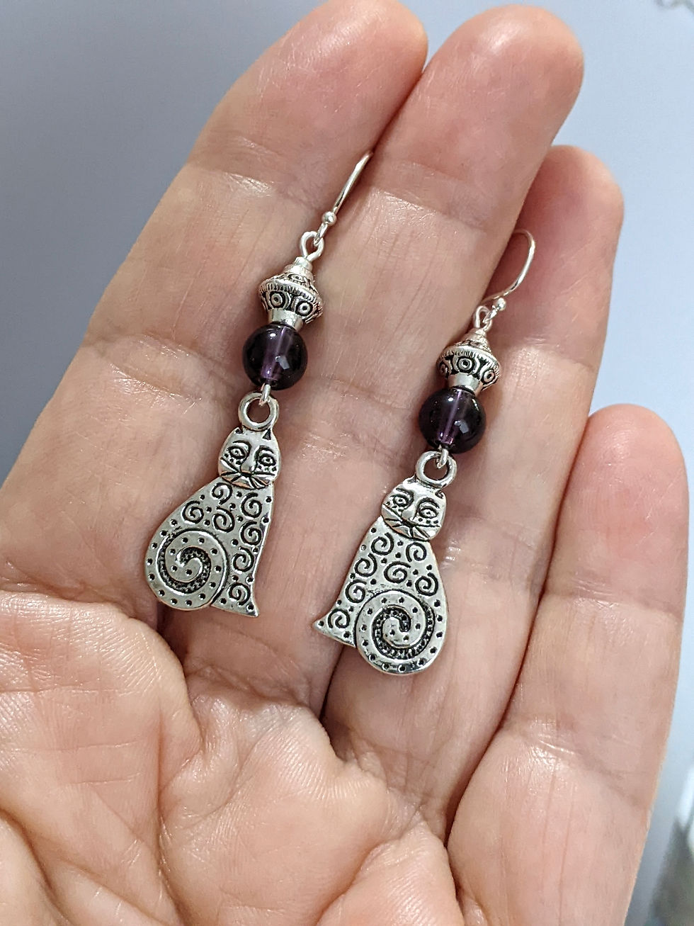 Thumbnail: Cute Cat Earrings Engraved Silver Tone Amethyst Glass Double Side Australia Made