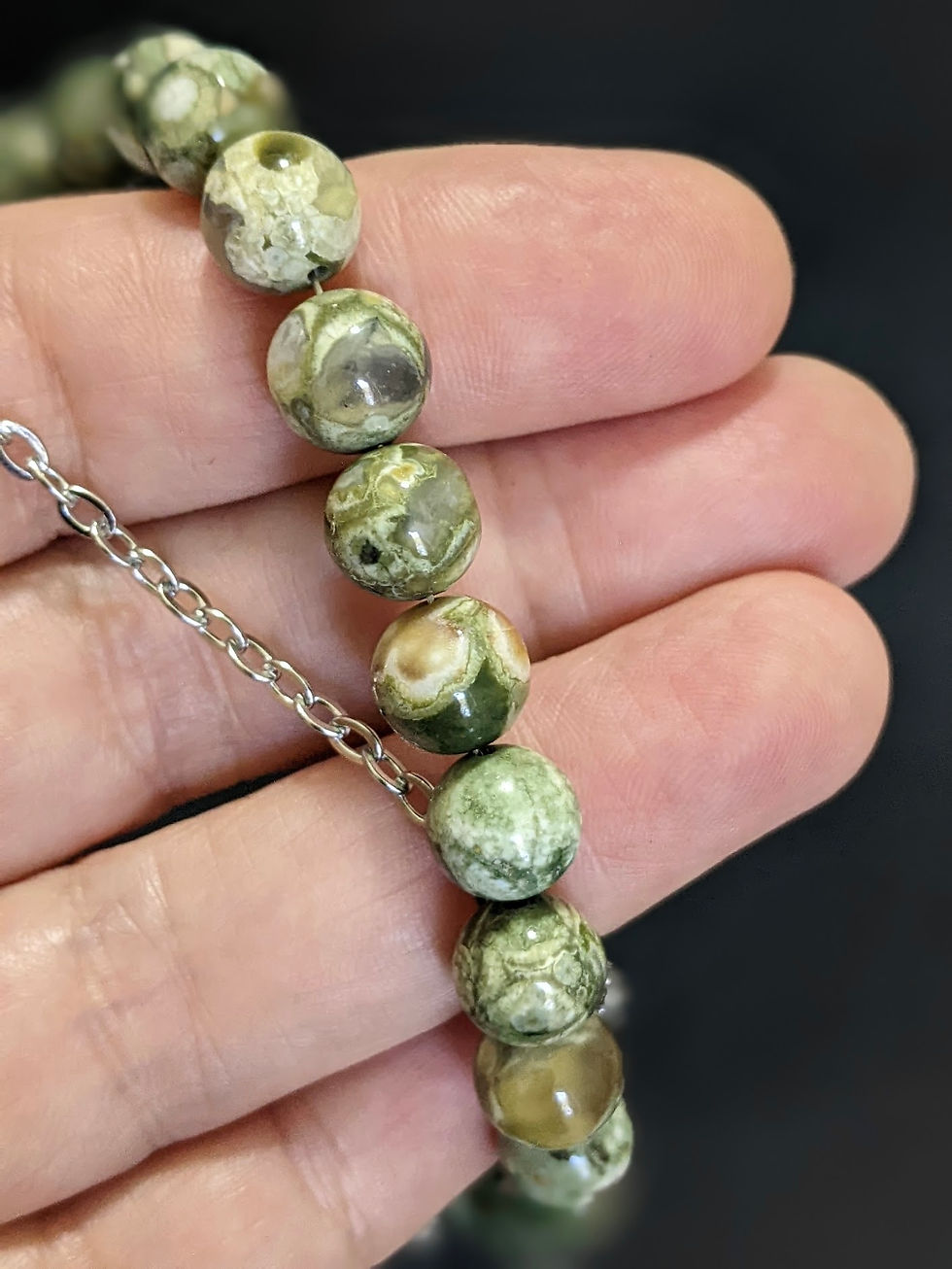 Thumbnail: Rhyolite Rainforest Jasper Necklace 8mm Top Grade Beads Stainless Steel Chain