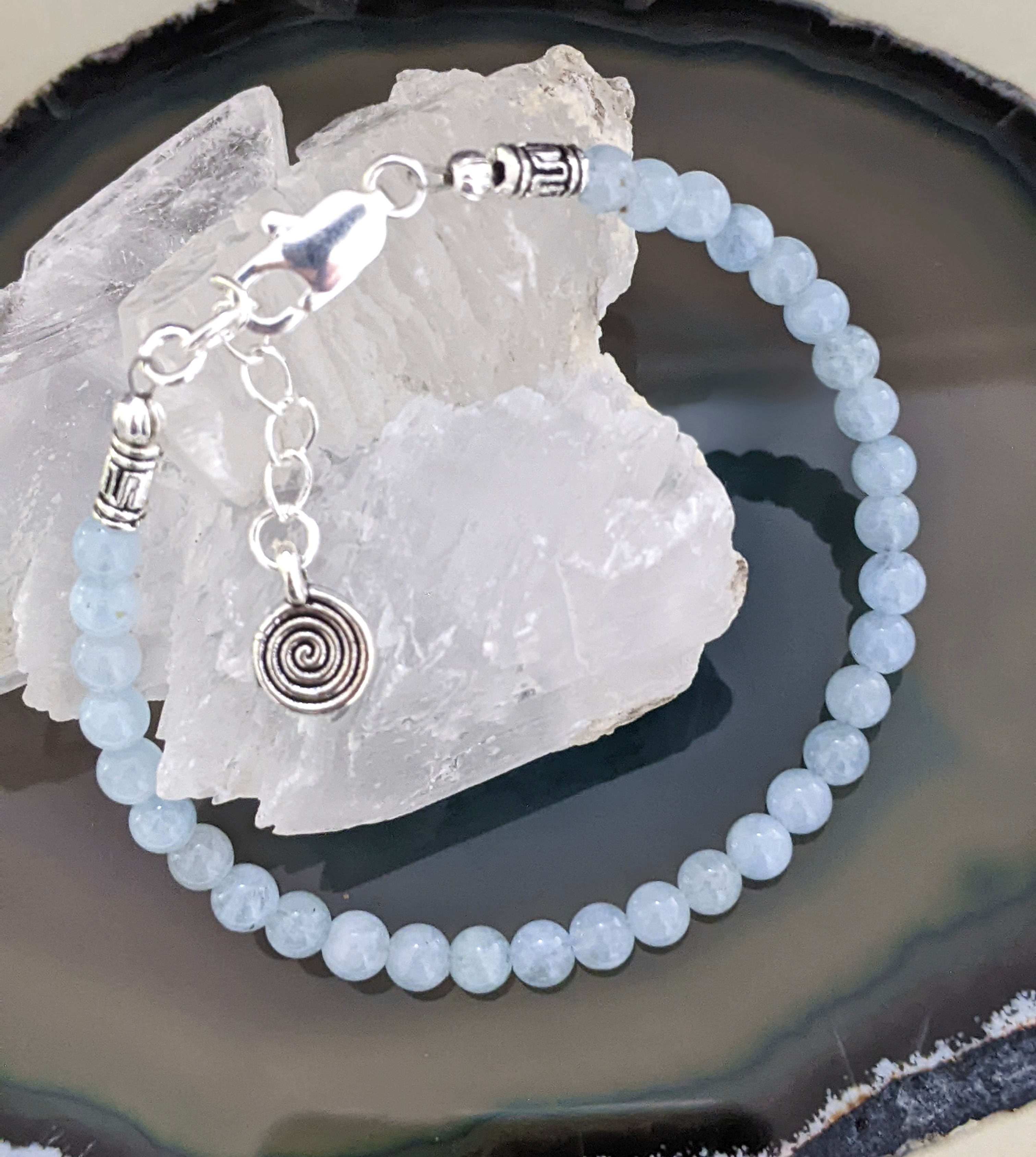 Natural Aquamarine Bracelet Stackable 4mm Healing Beads Secure Clasp Spiral Char