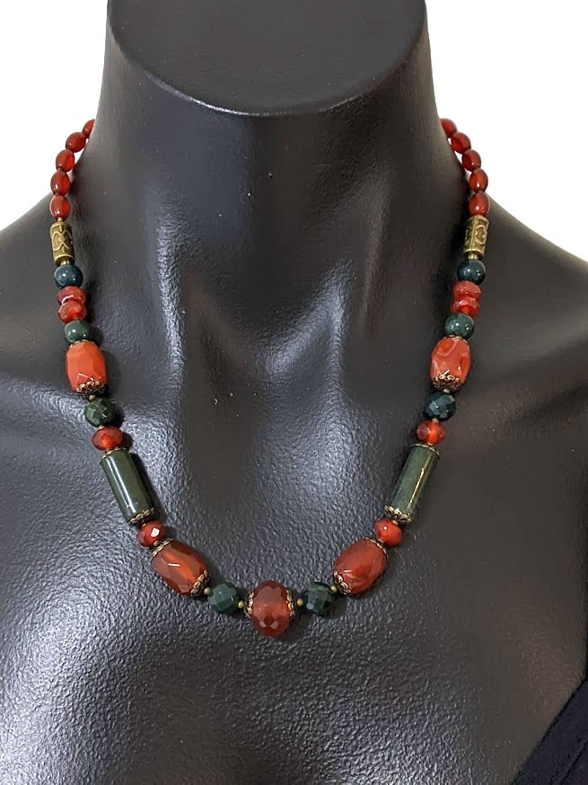Thumbnail: Carnelian Necklace with Green Williamsite and Bloodstone Gemstone Handmade