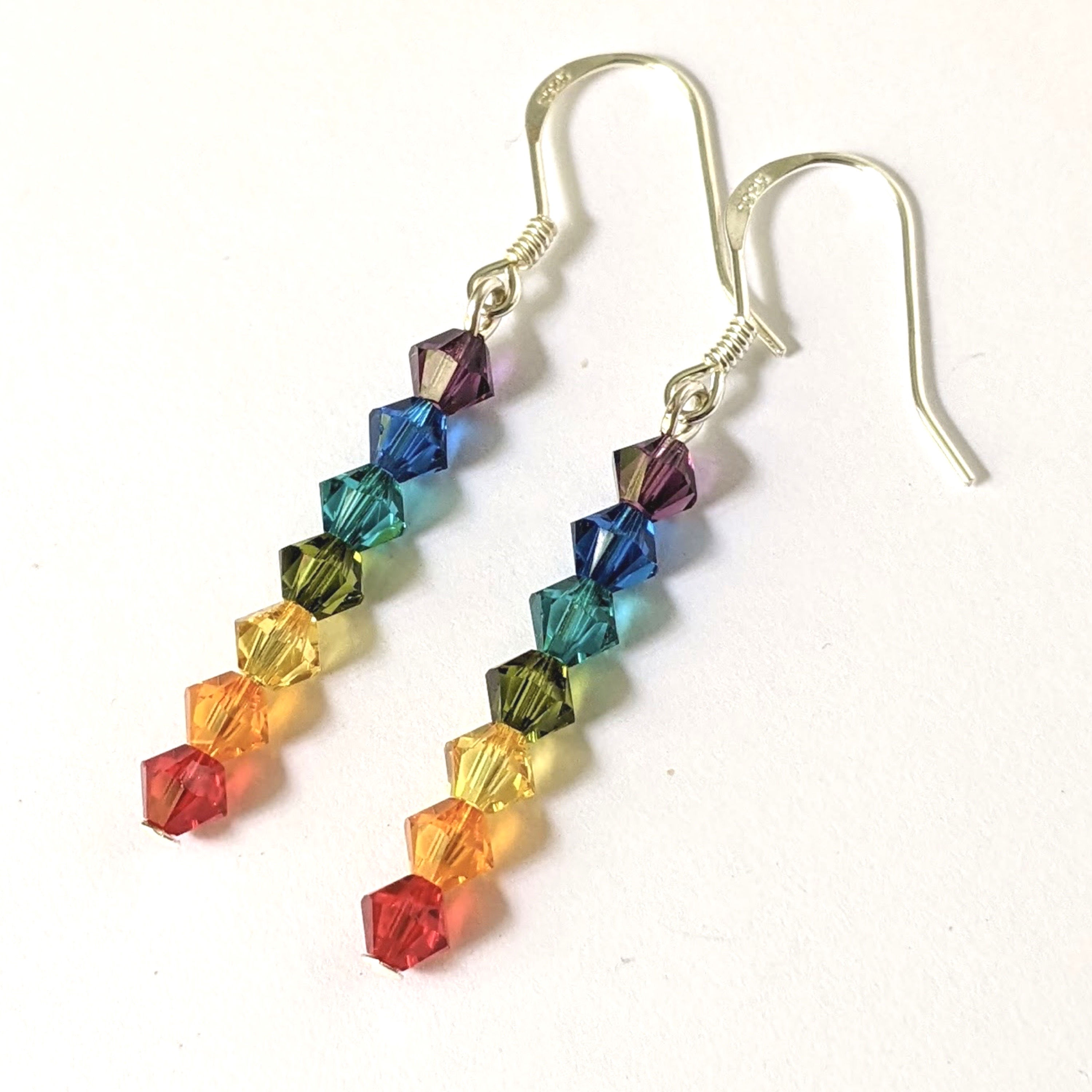 Rainbow Chakra Earrings Made with Swarovski Small 4mm Beads Sterling Silver