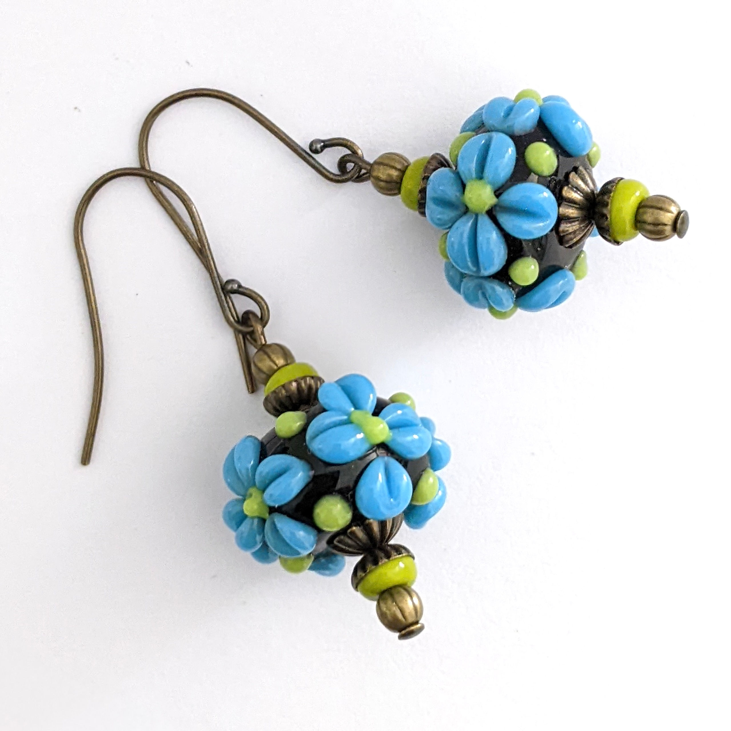 Forget Me Not Earrings Blue Lampwork Glass Bronze Vintage Look Australia Made