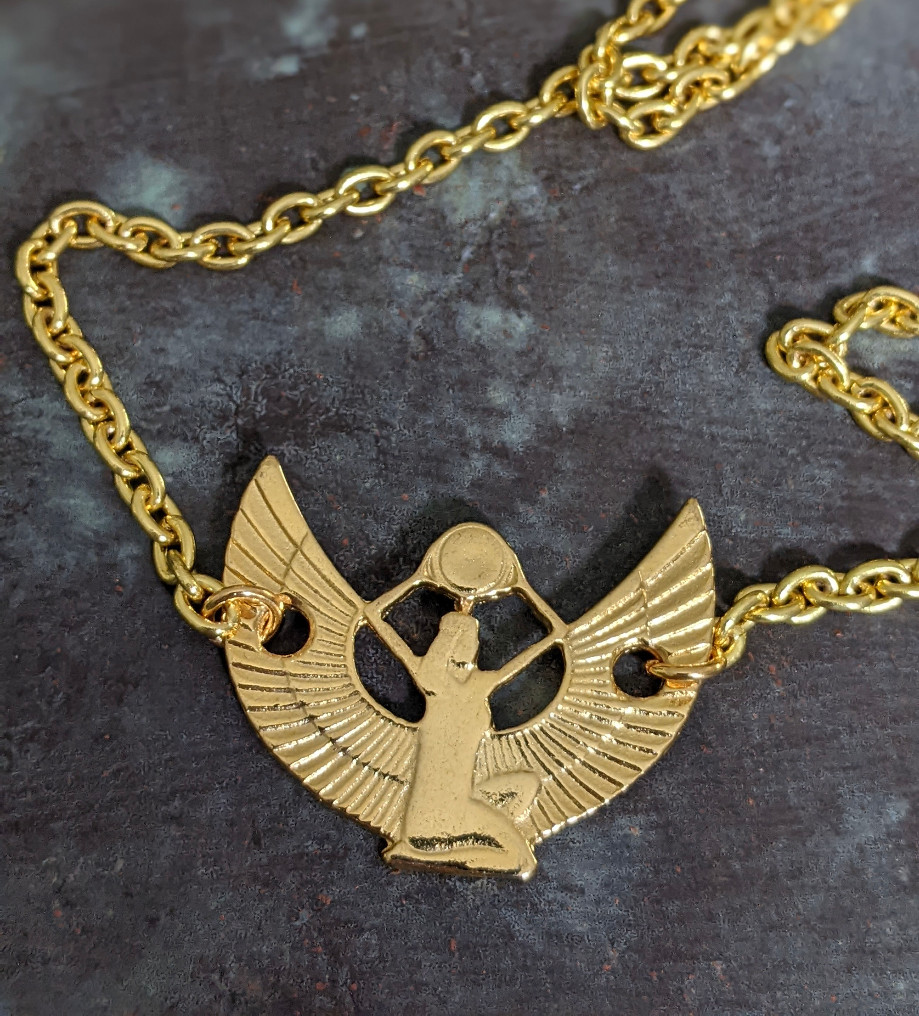 Egyptian Isis Necklace Gold Tone 1980's Austalian Made Pendant New Cable Chain