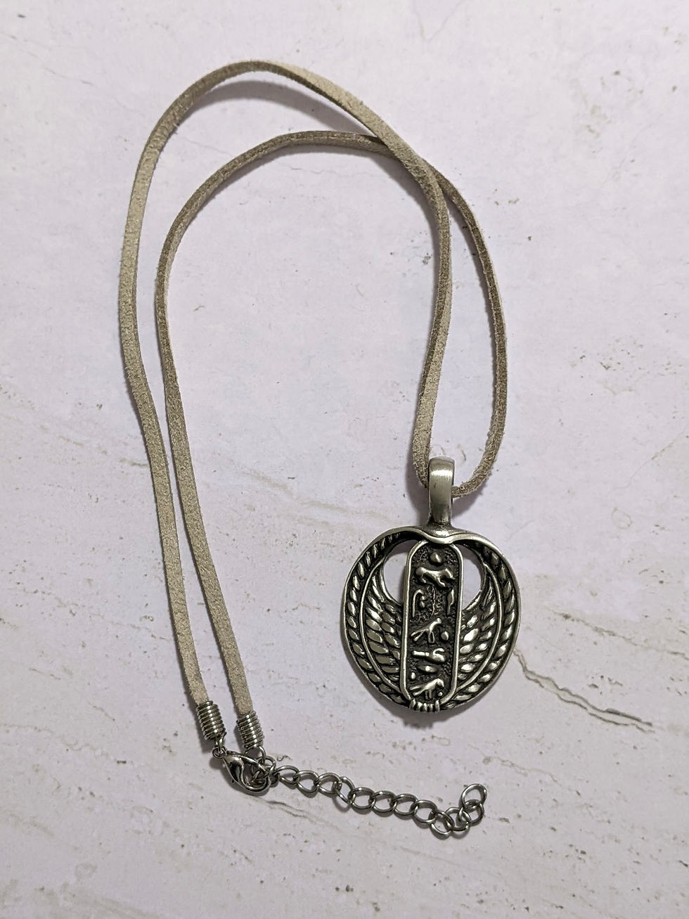 Thumbnail: Egyptian Cartouche Wings Pendant Quality Antiqued Pewter Grey Faux Suede Cord