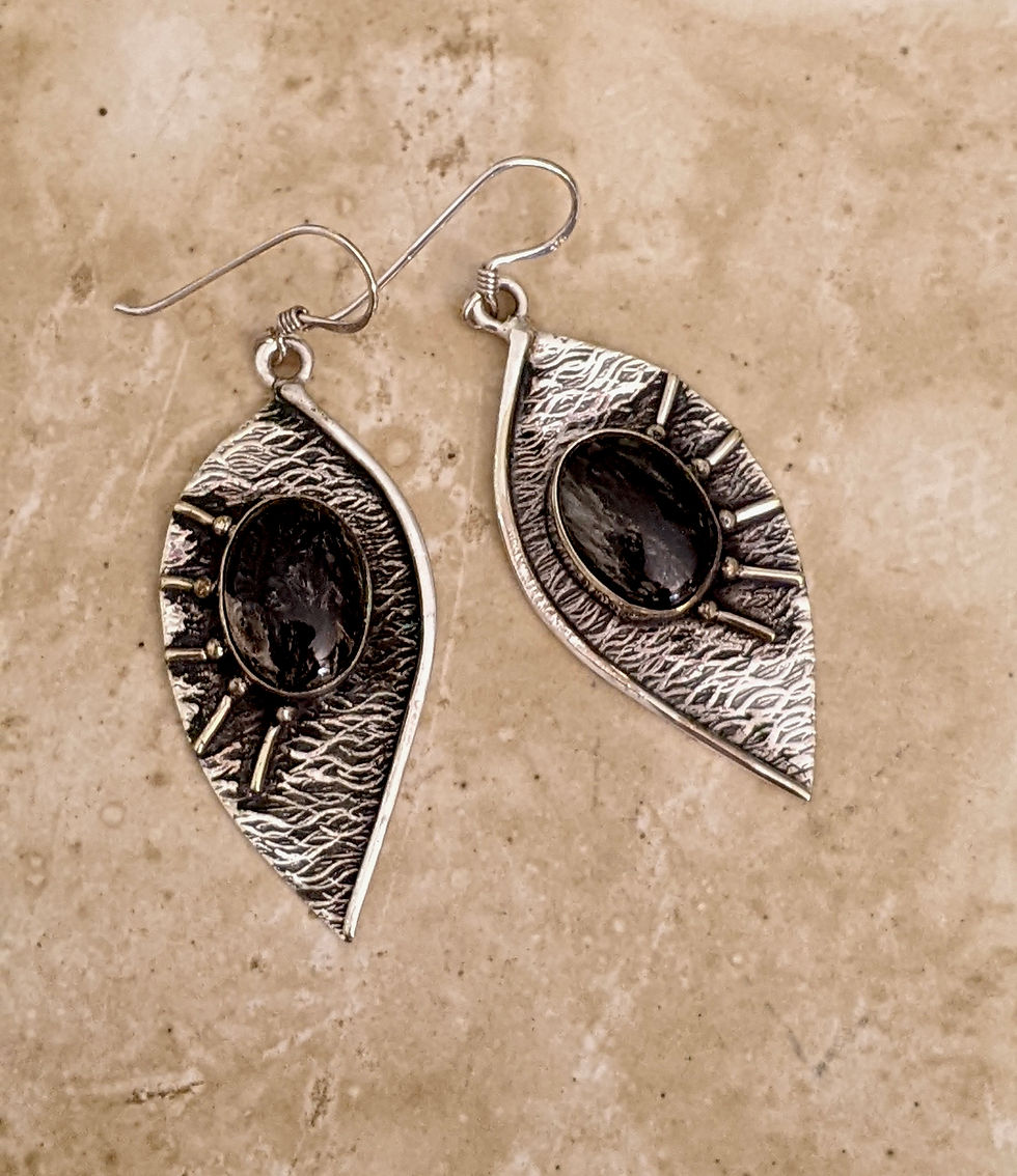 Thumbnail: Rare Nuummite Gem Earrings Set in Large Leaf Shape Oxidised 925 Sterling Silver