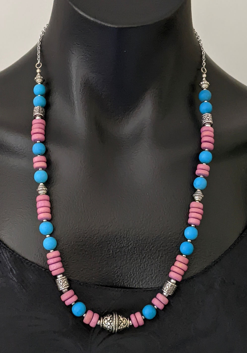 Thumbnail: Turquoise Dusty Pink Wood Bead Necklace Stainless Steel Chain Australian Made