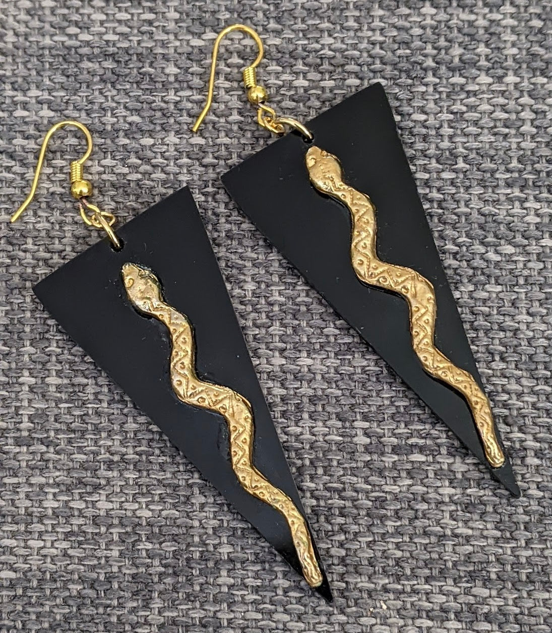 Vintage Retro Snake Earrings Black Perspex Gold Plated Handmade Australia 1980’s