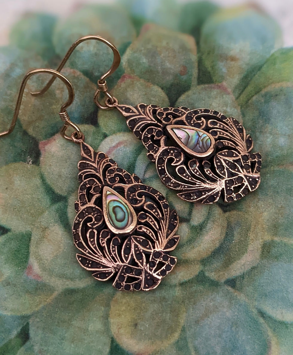 Thumbnail: Rare Vintage Solid Bronze Earrings Paua Shell Ornate Teardrop 1990's