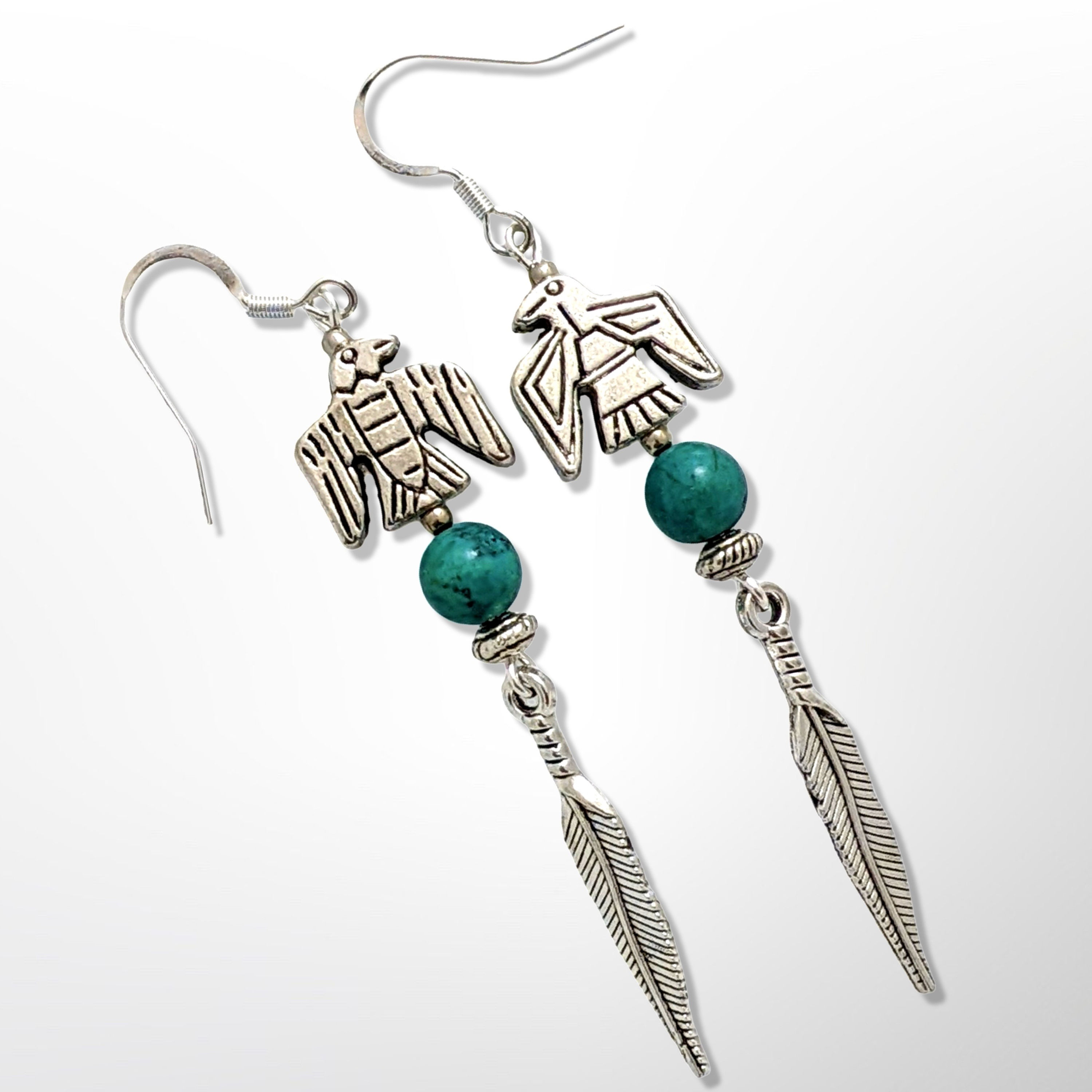 Thunderbird Peace Feather Dangle Earrings with Turquoise Silver Tone