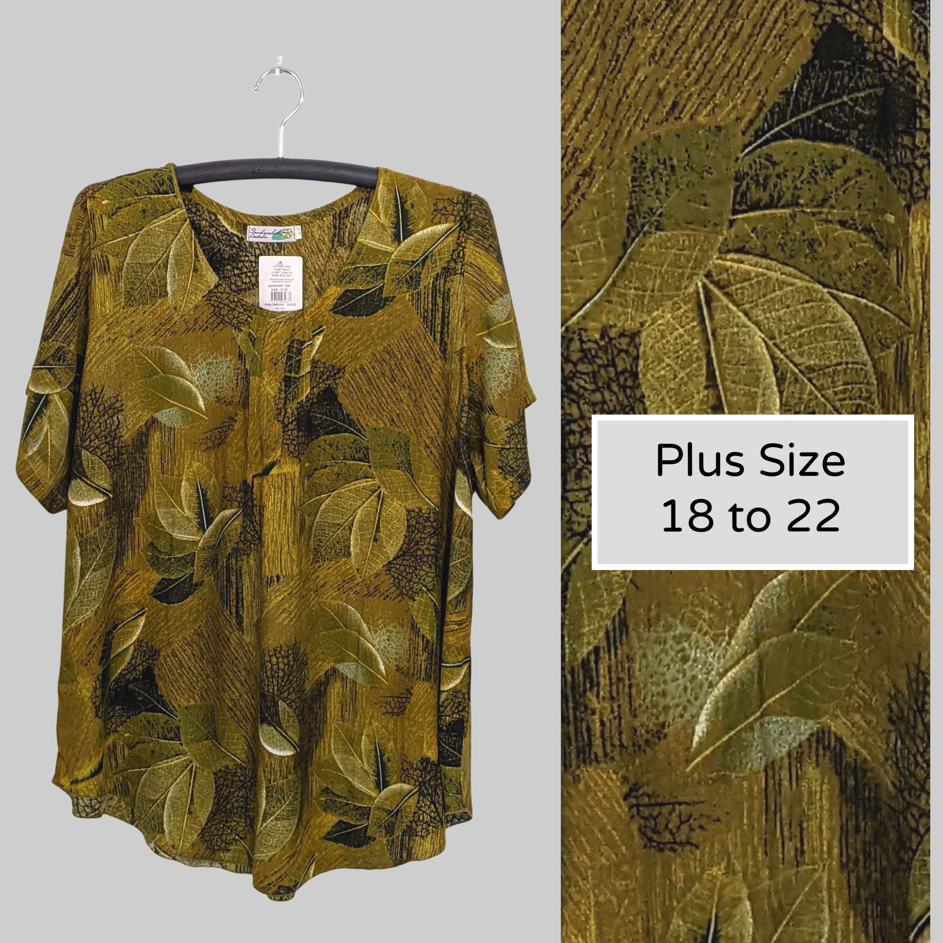 Plus Size Relaxed Fit Top Crinkle Rayon Olive Green Leaf Pattern Size 18-22