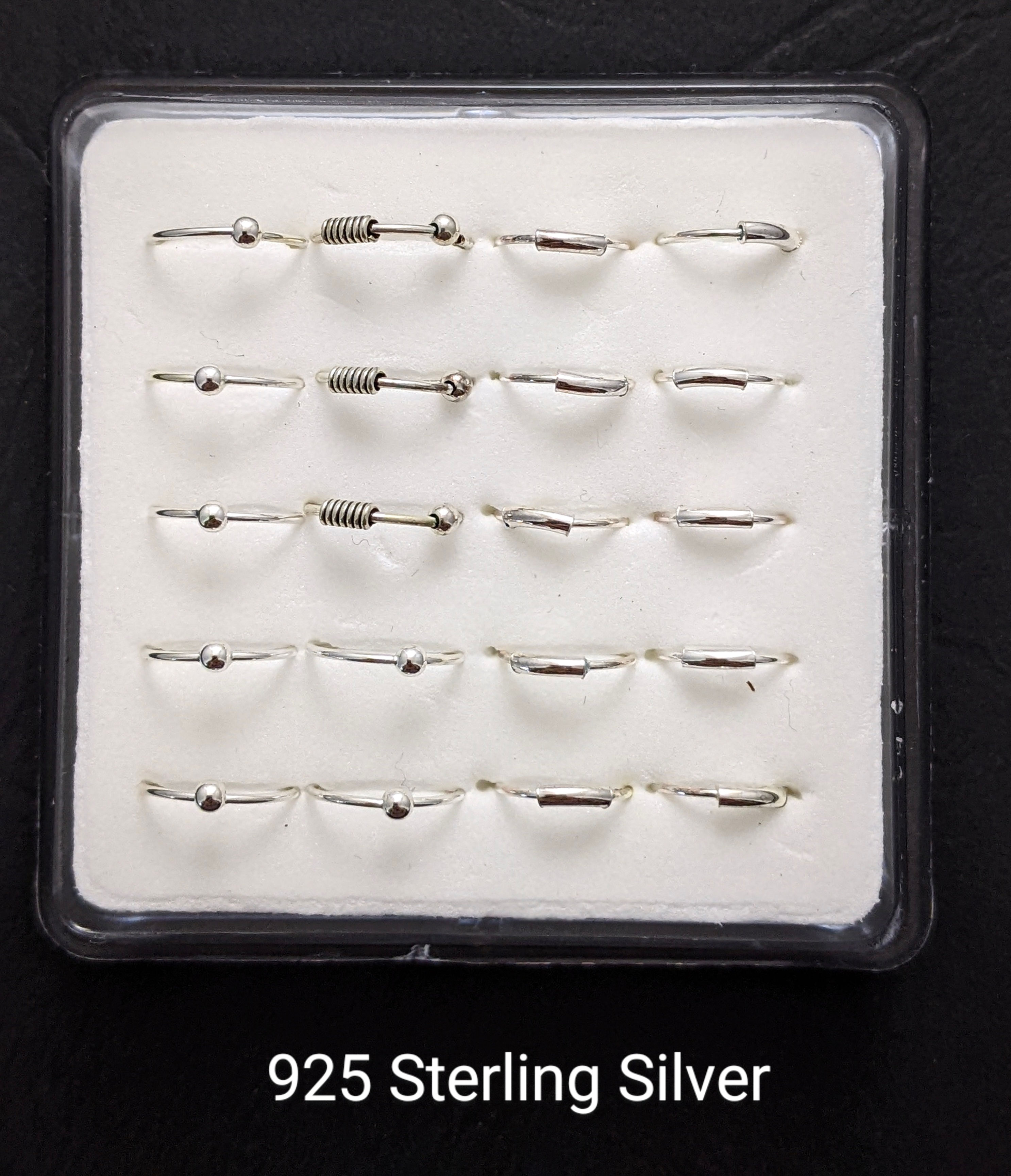 20 x 925 Sterling Silver Nose Rings Assorted Fine 8mm and 10mm in Display Box