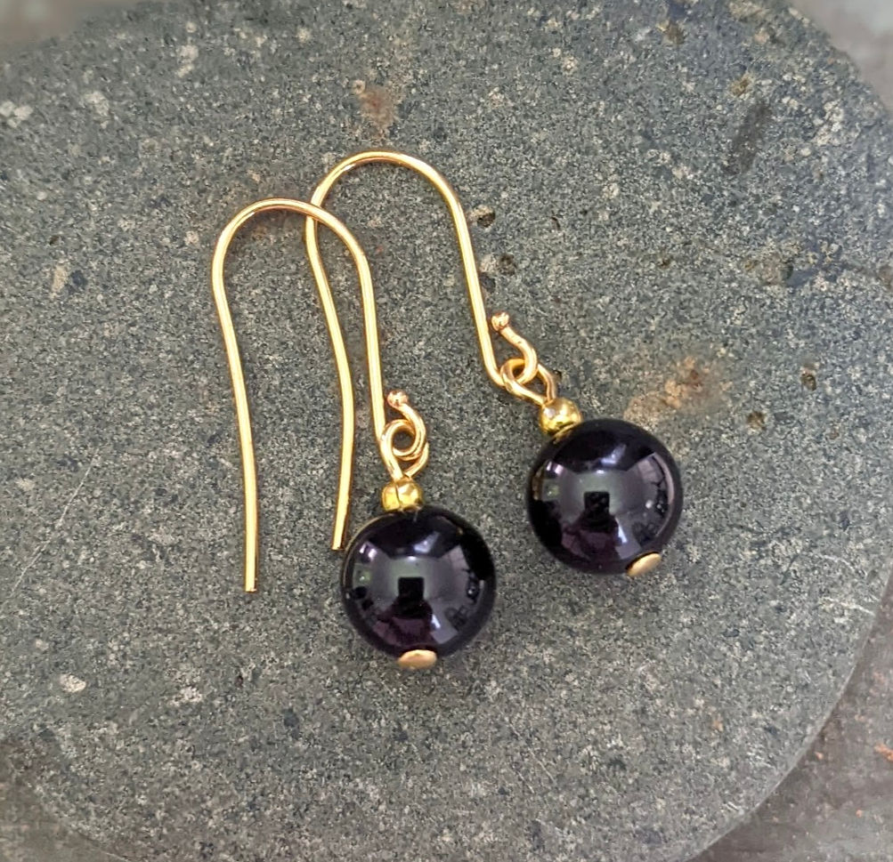 Black Onyx Earrings 8mm Small Classic Crystal Gem Sleek Gold Tone Hooks AUS Made
