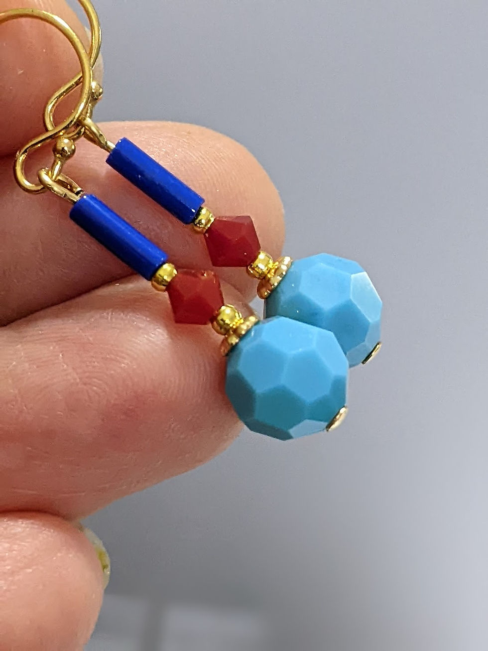 Thumbnail: Turquoise Swarovski Bead Earrings Navy Red Accents Gold Tone Hooks AUS Made
