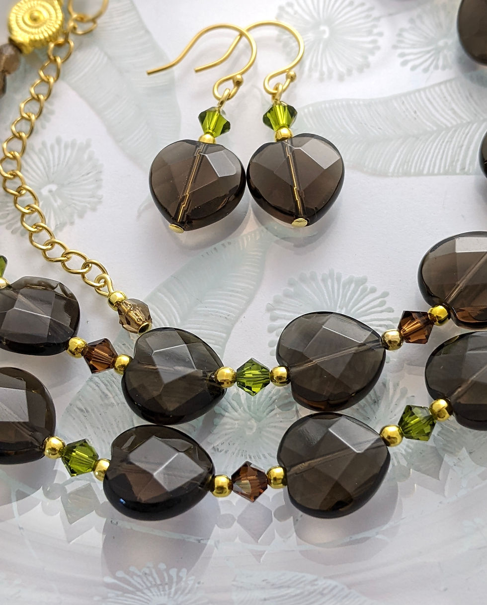 Thumbnail: Smokey Quartz Gem Hearts Necklace Earrings Set Gold Tone Handmade Australia