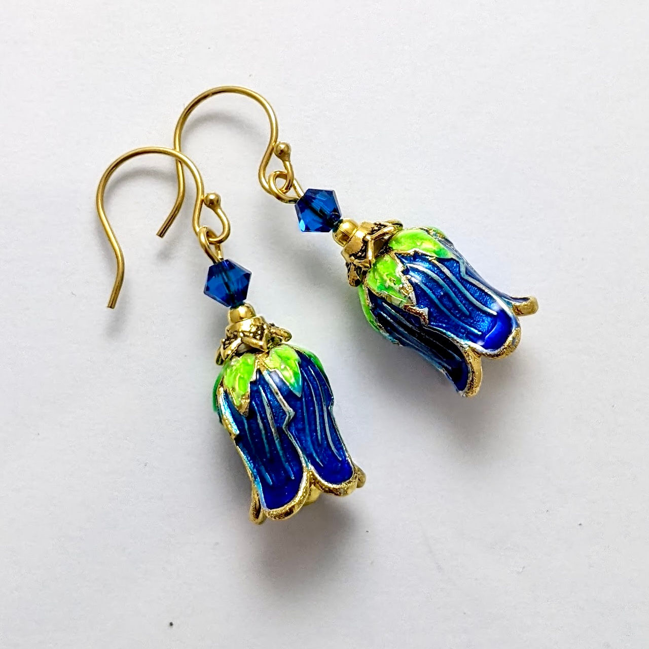 Blue Green Enamel Bell Flower Earrings Gold Tone AUS Made