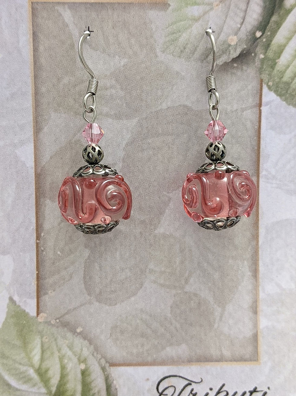 Thumbnail: Dusty Rose Earrings Semi Translucent Lampwork Glass Austrian Crystal AUS Made