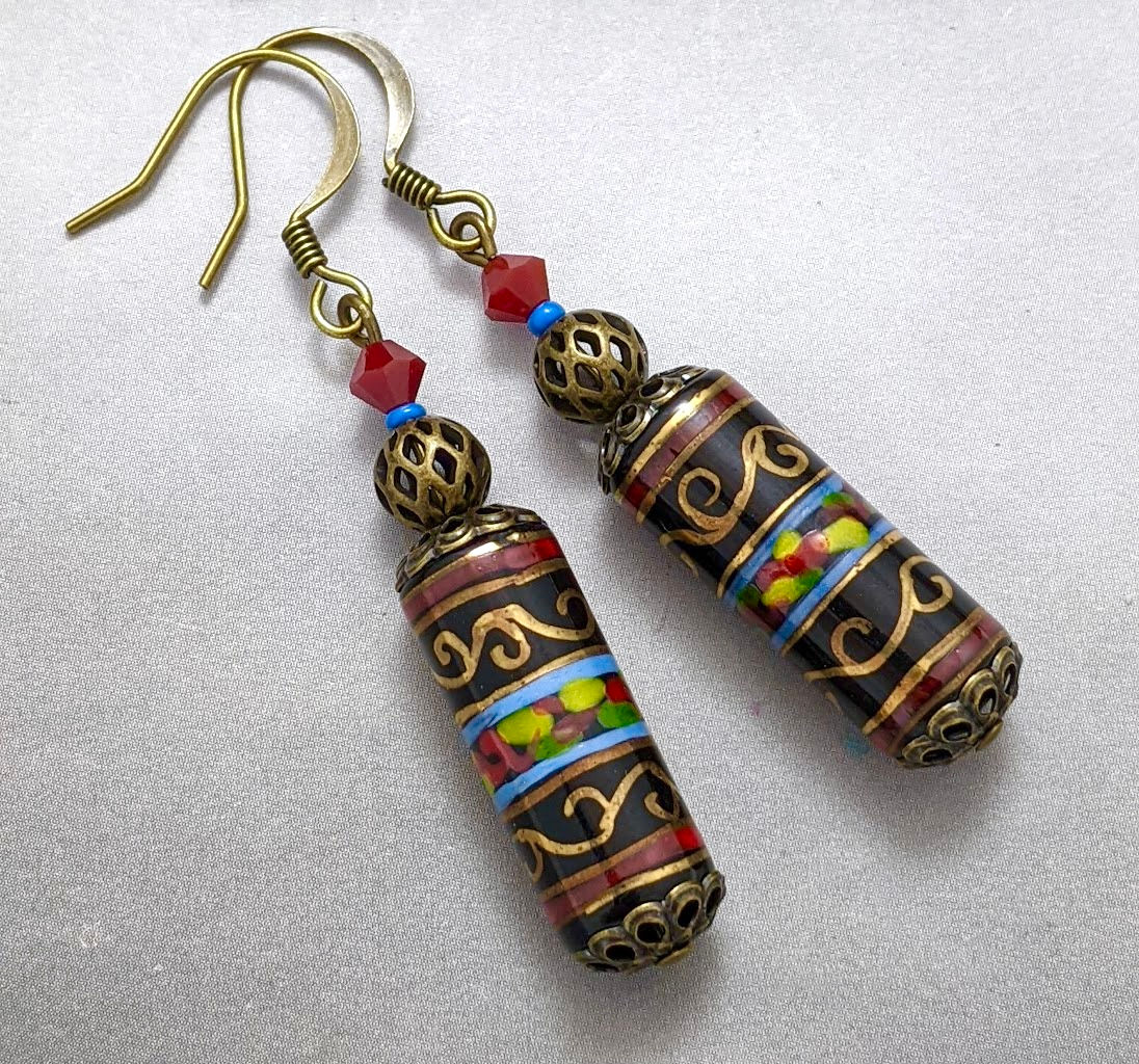Multicolour Black Gold Earrings Hand-Painted Glass Tube Mystic Gypsy Australian
