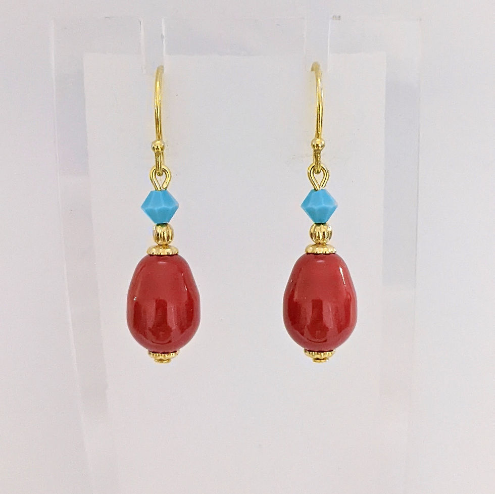 Thumbnail: Red Crystal Pearl Earrings Teardrop Swarovski Bead Gold Tone Hooks AUS Made
