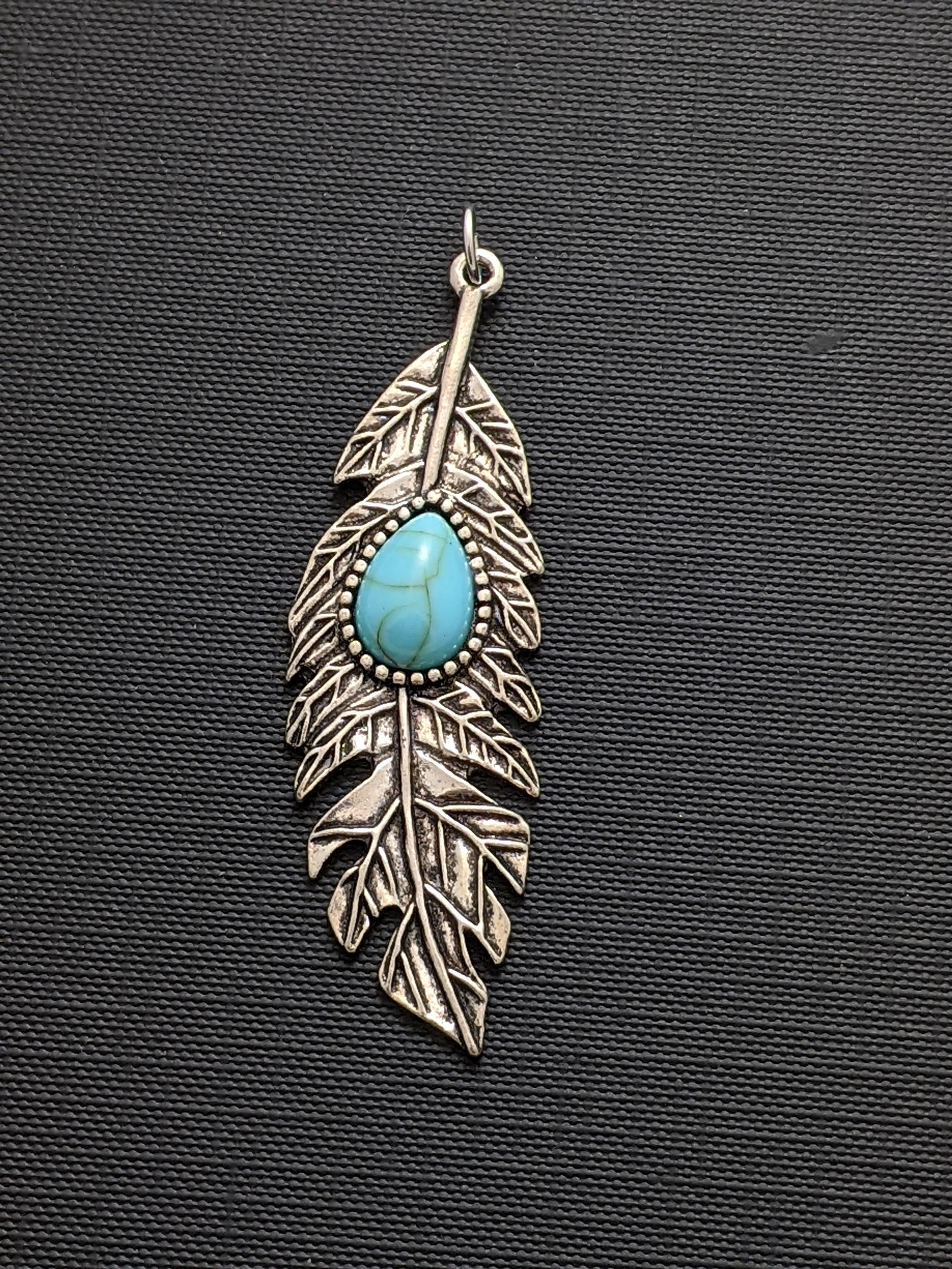 Feather Detailed Pewter Pendant Teardrop Turquoise Resin Feature