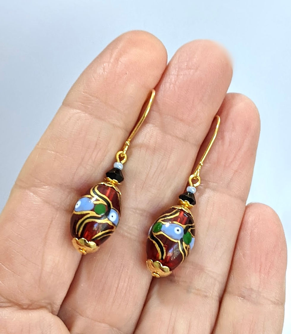 Thumbnail: Romantic Red Earrings Mystic Gypsy Translucent Handpainted Gold Blue Pattern