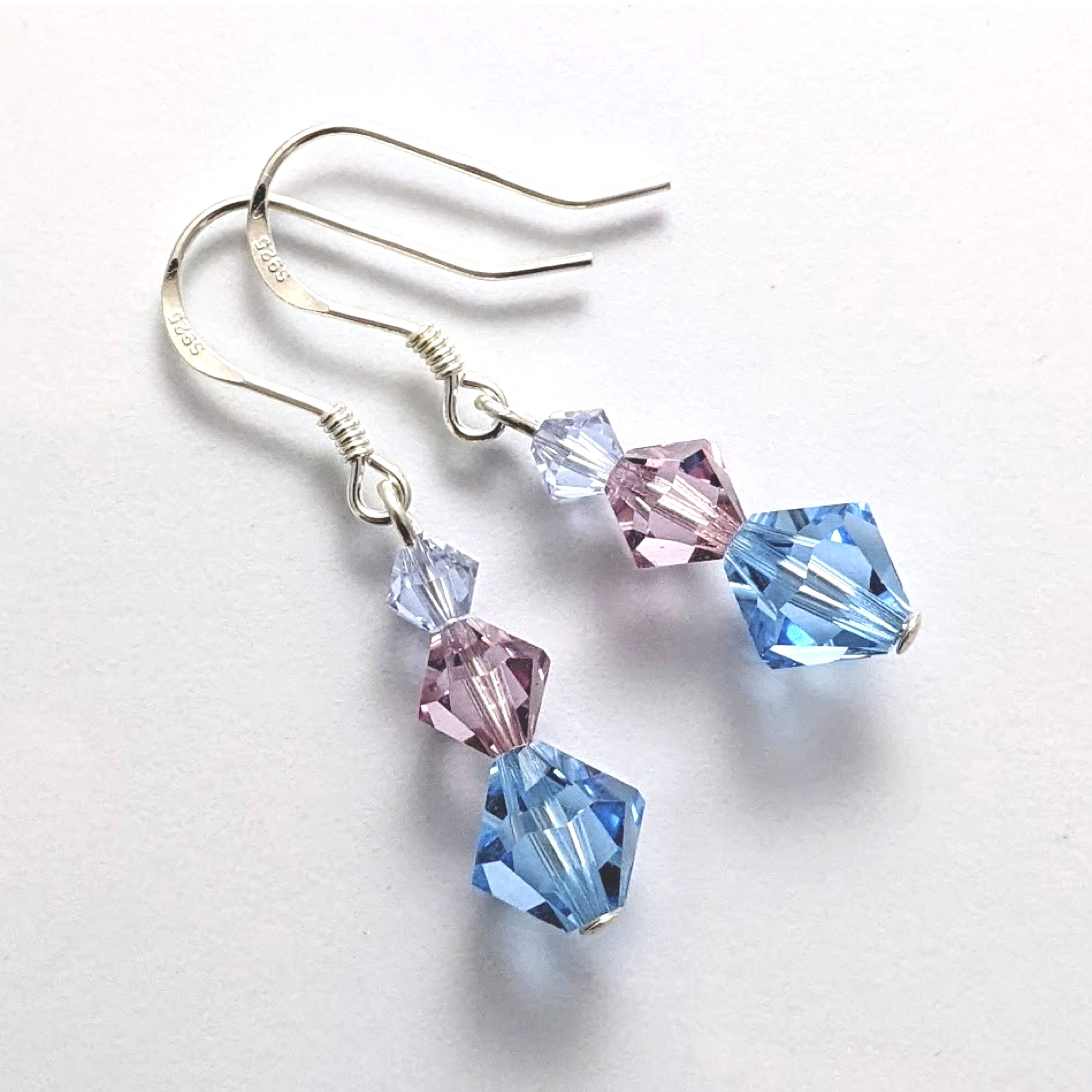 Aquamarine Austrian Crystal Earrings Triple Pastel Shades Sterling Hooks AUS Mad