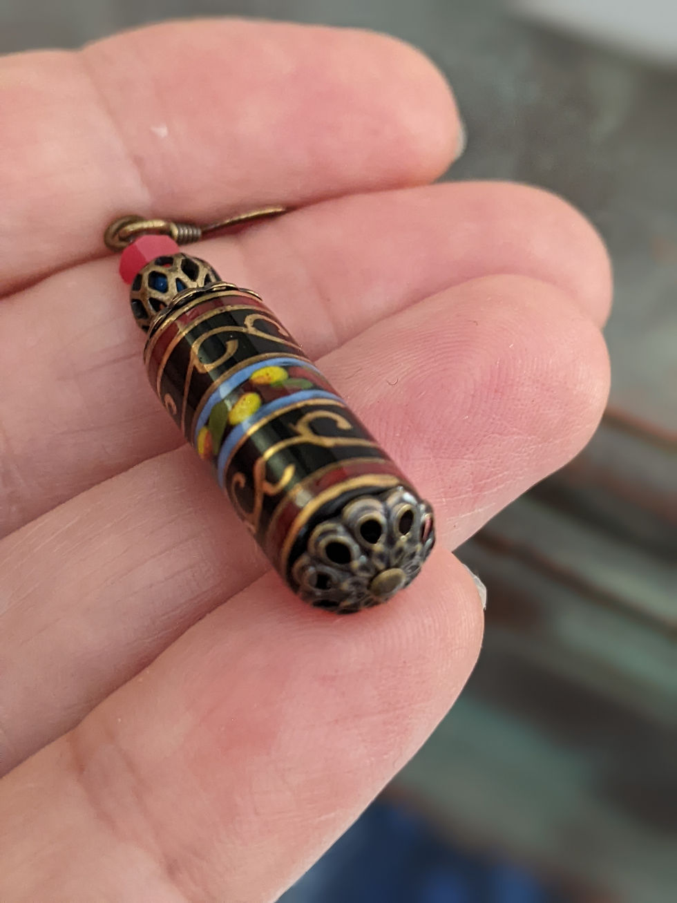 Thumbnail: Multicolour Black Gold Earrings Hand-Painted Glass Tube Mystic Gypsy Australian
