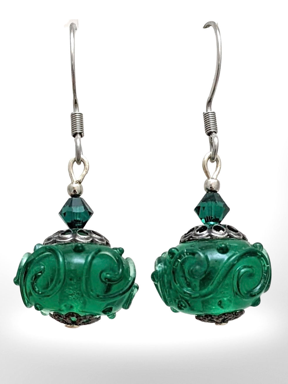 Thumbnail: Emerald Green Lampwork Glass Earrings Vintage Look Semi Translucent