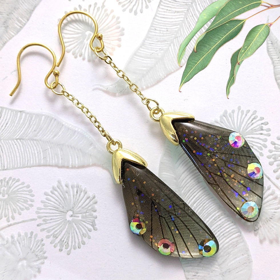 Wing on Chain Earrings Butterfly Fairy Smokey Brown Resin Rhinestones Gold Tone