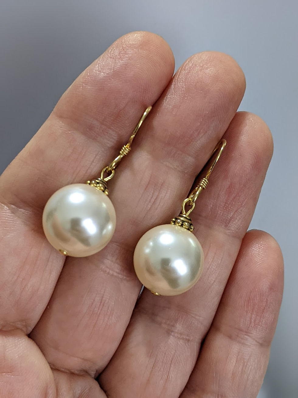 Thumbnail: Cream Crystal Pearl Earrings 14mm Round Gold Tone AUS Made with Swarovski