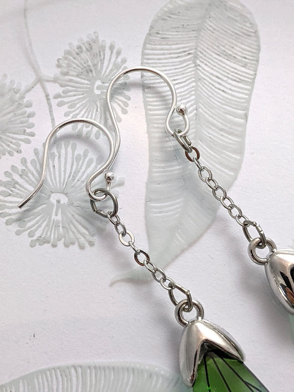 Thumbnail: Wing on Chain Earrings Butterfly Fairy Aqua Seagreen Resin Rhinestones Silver