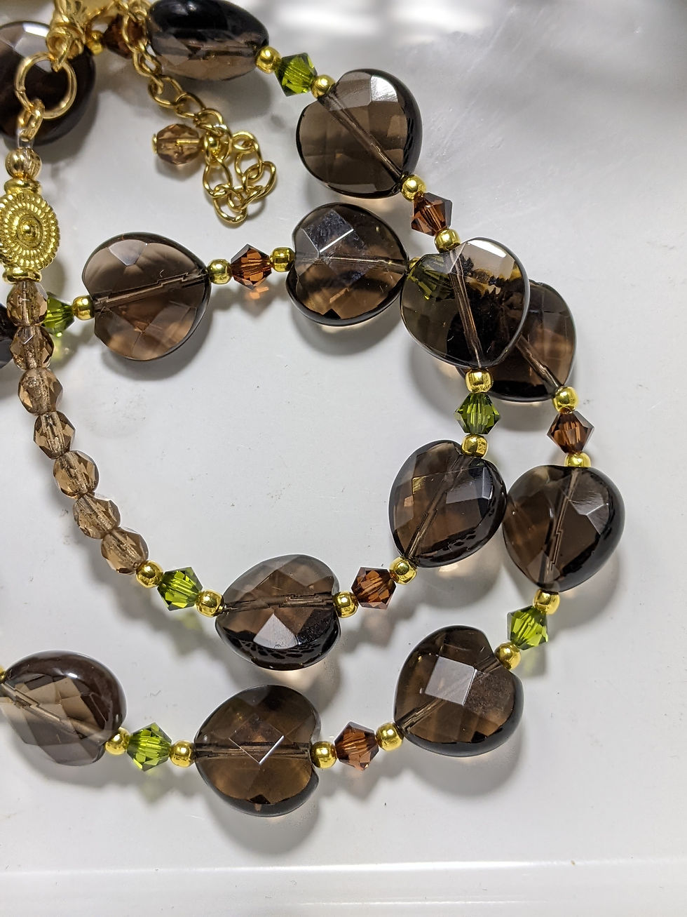 Thumbnail: Smokey Quartz Gem Hearts Necklace Earrings Set Gold Tone Handmade Australia